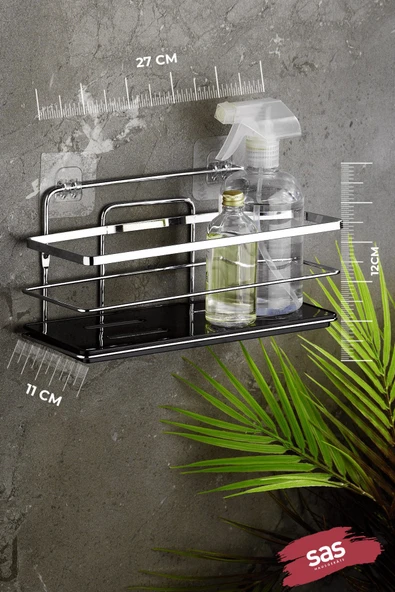 2’li Yapışkanlı Ayarlanabilir Banyo Rafı – Paslanmaz Metal Kristal Şampuanlık, (Yapıştır/Vidala) Krom-Siyah - LŞ-01 -KS - Resim 3