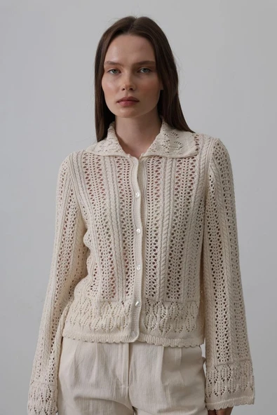 Gömlek Yaka Uzun Kol Triko - Ekru ürün görseli 1