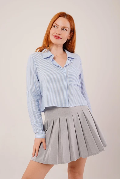 Tek Cep Çizgili Mavi Kısa Gömlek ürün görseli