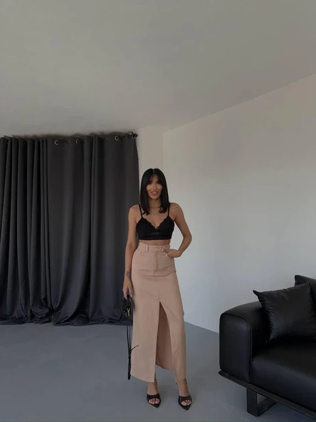 GABARDİN UZUN ÖNDEN YIRTMAÇLI ETEK - Kahverengi - Resim 3