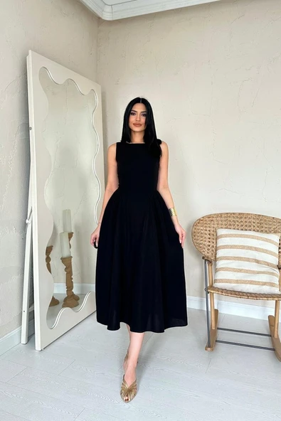 Siyah Yanları Büzgülü Midi Boy Keten Elbise ürün görseli 1