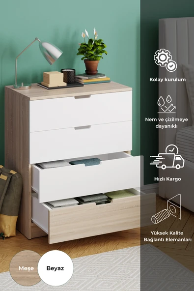 Lento 4 Çekmeceli Şifonyer Yatak Odası Bebek Odası Beyaz Meşe