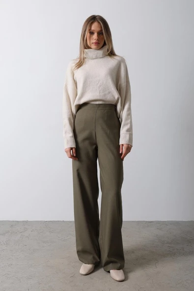 Beli Yarım Lastikli Palazzo Pantolon - Haki ürün görseli 1