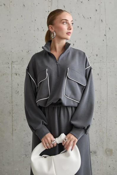 Füme Biyeli Sweatshirt Ve Etek Takım - Resim 2