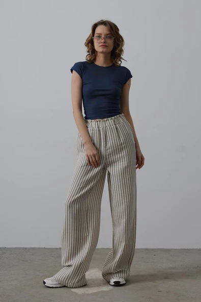 Çizgili Pamuklu Lastikli Pantolon - Bej-Lacivert - Resim 2