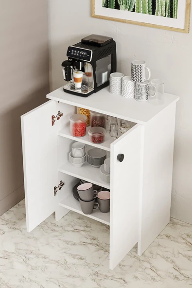 Dorta Mutfak Dolabı 2 Kapaklı 3 Raflı Kahve Köşesi Kiler Dolabı Beyaz