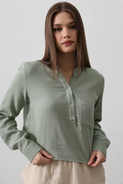 Cepli Hakim Yaka Bluz - Haki - Resim 4