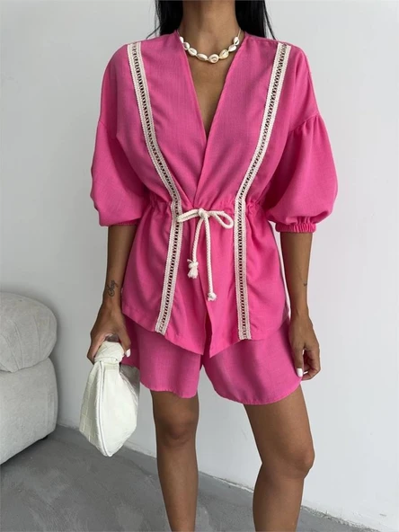 KETEN BEL BÜZGÜLÜ BLUZ-PANTOLON TAKIM - Fuşya - Resim 4