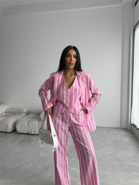 ÇİZGİLİ KETEN YELEK-PANTOLON TAKIM - Pembe - Resim 3