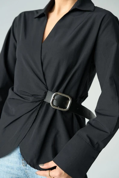 Kemerli Gömlek - Siyah - Resim 4