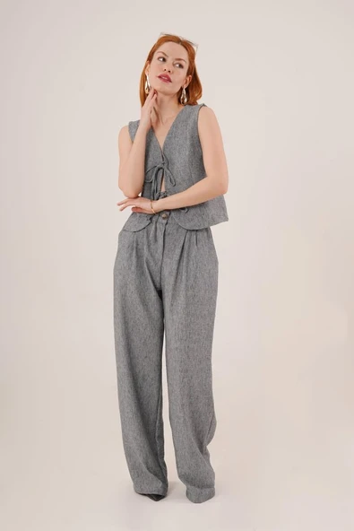 Ön Bağlama Detaylı Yelek Ve Pantolon Antrasit İkili Takım - Resim 4
