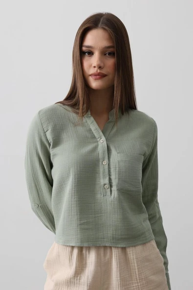 Cepli Hakim Yaka Bluz - Haki - Resim 3