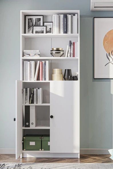 Bili Kitaplık 5 Raflı 2 Kapaklı Çok Amaçlı Ofis Salon Kitap Dosya Rafı Beyaz