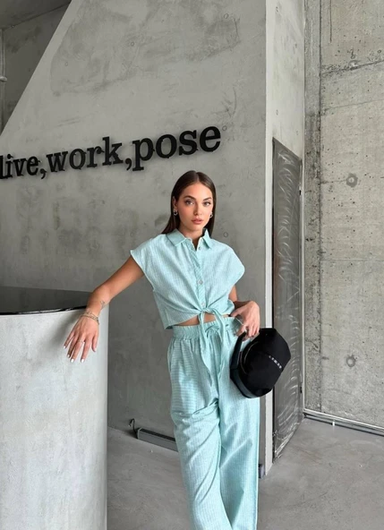 ÇİZGİLİ KETEN KOLSUZ CROP PANTOLON TAKIM - Yeşil - Resim 3