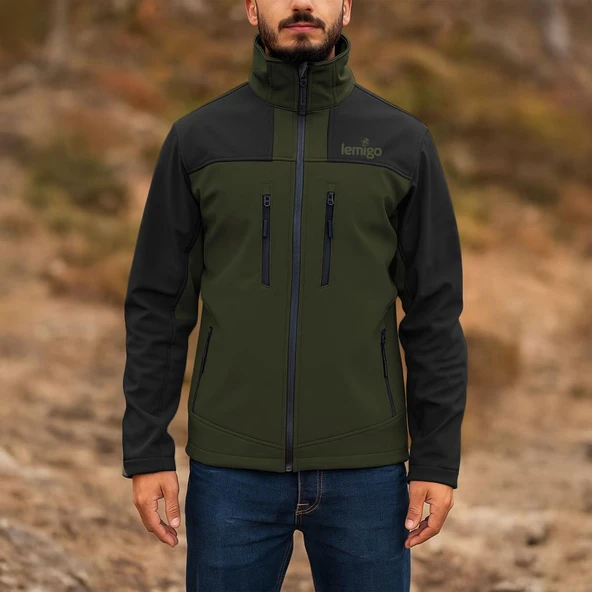 Su ve Rüzgar Geçirmez Softshell Mont - Lemigo - Haki-Siyah ürün görseli