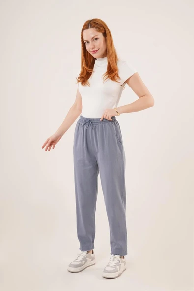 Cepli Belden Bağlamalı Paça Detaylı İndigo Pantolon - Resim 4