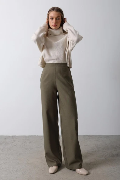 Beli Yarım Lastikli Palazzo Pantolon - Haki - Resim 3
