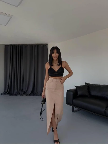 GABARDİN UZUN ÖNDEN YIRTMAÇLI ETEK - Kahverengi - Resim 2