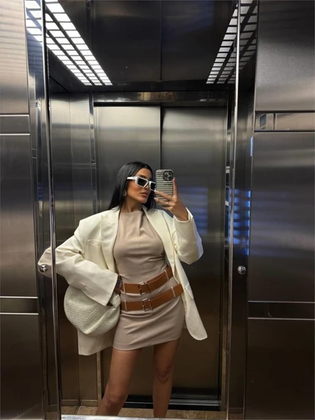 POLYVİSCON ÇİFT KEMER DETAYLI ELBİSE - Bej - Resim 4