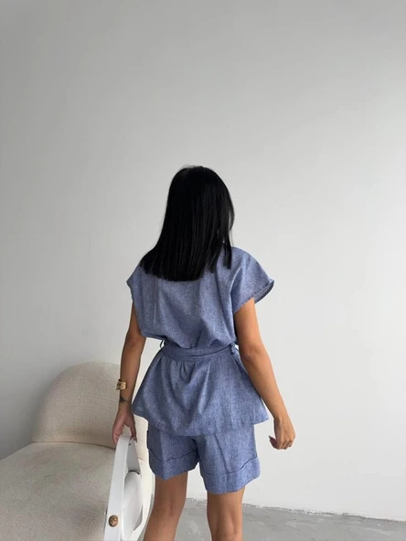 KETEN BAĞLAMALI KOLSUZ GÖMLEK - DUBLE PAÇA ŞORT TAKIM - Lacivert - Resim 4