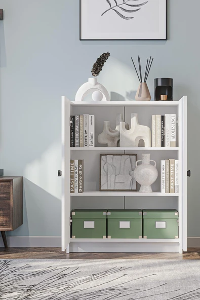 Bili Yatay Kitaplık 3 Raflı 2 Kapaklı Çok Amaçlı Ofis Salon Çalışma Odası Kütüphane Rafı Beyaz - 2