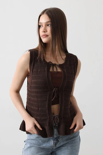 Önü Bağlamalı Yelek - Kahve - Resim 4