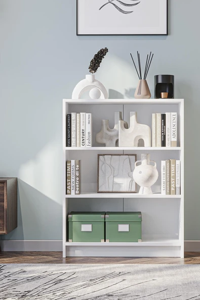 Bili Kitaplık 3 Raflı Geniş Çok Amaçlı Ofis Salon Kitap Dosya Rafı Beyaz