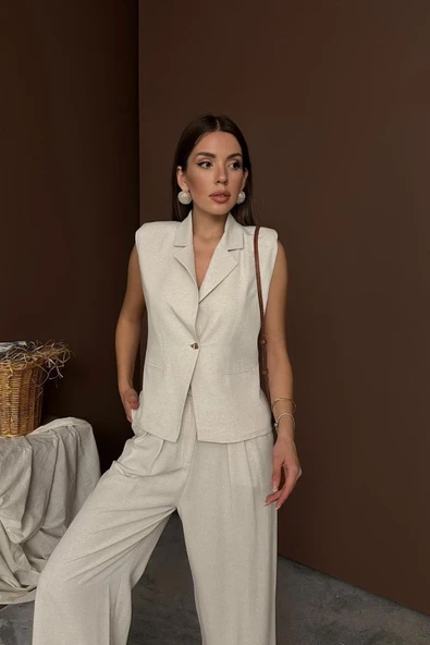 Bej Keten Yelek Pantolon Takım - Resim 4