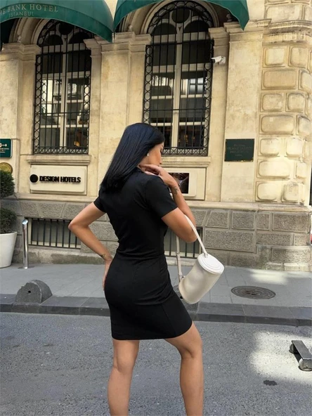 POLO YAKA YAKA KEMER DETAYLI KALEM ELBİSE - Siyah - Resim 2