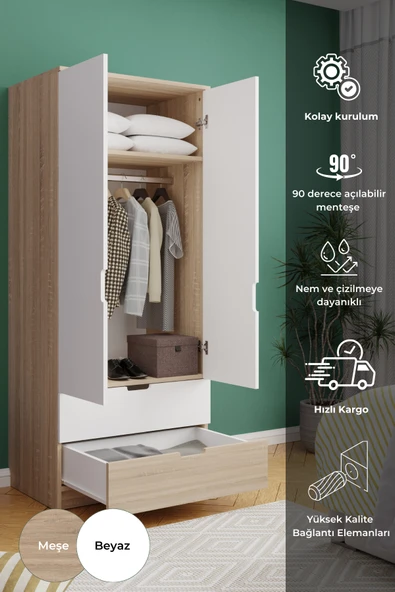 Lento 2 Kapaklı 1 Askılı 2 Çekmeceli Gardırop Beyaz Meşe