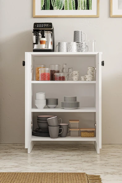 Dorta Mutfak Dolabı 2 Kapaklı 3 Raflı Kahve Köşesi Kiler Dolabı Beyaz - 4