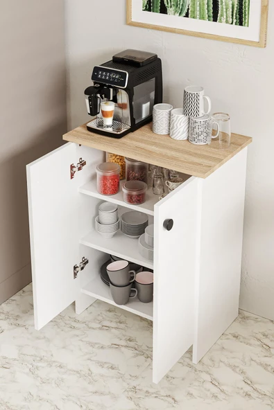 Dorta Mutfak Dolabı 2 Kapaklı 3 Raflı Kahve Köşesi Kiler Dolabı Beyaz Meşe