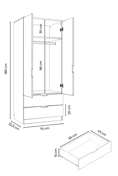 Lento 2 Kapaklı 1 Askılı 2 Çekmeceli Gardırop Beyaz - 2