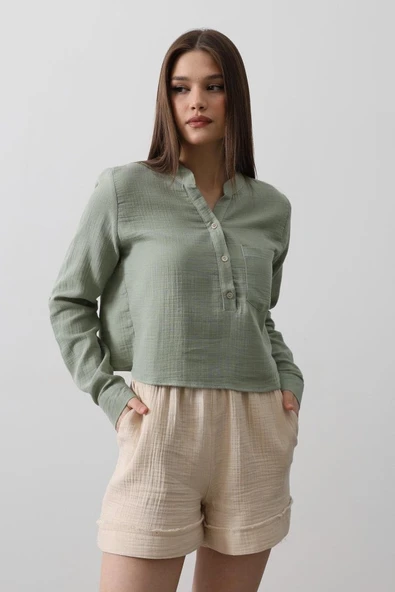 Cepli Hakim Yaka Bluz - Haki - Resim 2