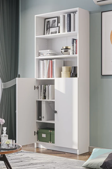 Bili Kitaplık 5 Raflı 2 Kapaklı Çok Amaçlı Ofis Salon Kitap Dosya Rafı Beyaz - 7