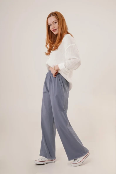 Bel Lastikli Paça Detaylı Cepli İndigo Pantolon ürün görseli 1