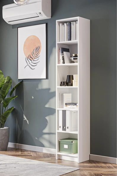 Bili Kitaplık 5 Raflı Dar Çok Amaçlı Ofis Salon Kitap Dosya Rafı Beyaz