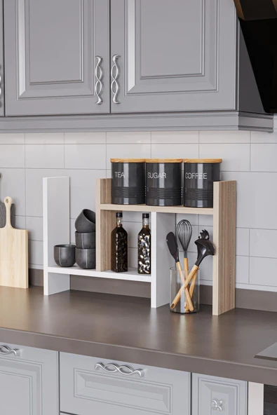 Lidya Çok Amaçlı Raf Mutfak Tezgah Üstü Organizer Banyo Mutfak Düzenleyici Beyaz Meşe - Resim 4