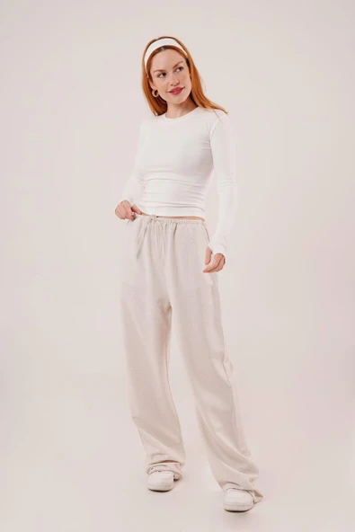 Cepli Bağlama Detaylı Keten Ekru Pantolon ürün görseli 1