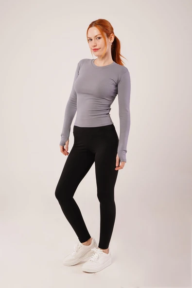 Uzun Kollu Basic Gri Bluz - Resim 2