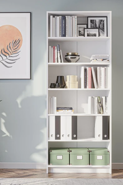 Bili Kitaplık 5 Raflı Geniş Çok Amaçlı Ofis Salon Kitap Dosya Rafı Beyaz