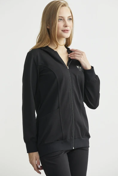 Oversize Kapüşonlu Fermuarlı Eşofman Takım - Siyah - Resim 4