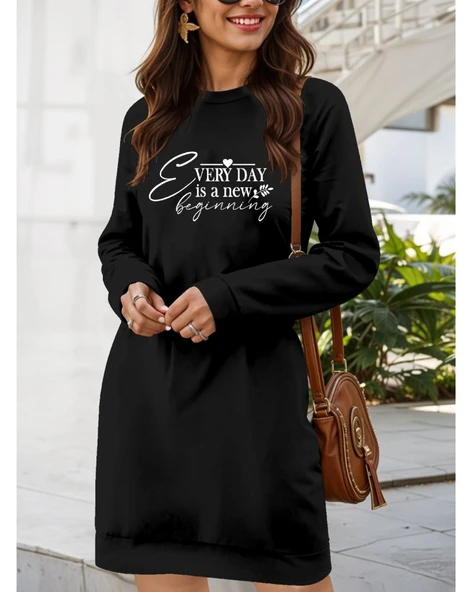 Lucky Life Kadın Uzun Kollu Bisiklet Yaka Kısa Viskon Iki Iplik Elbise - Resim 2