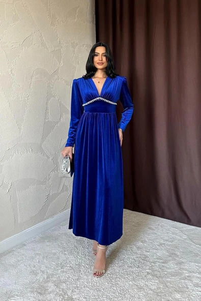 Saks Göğüs Altı Taşlı Elbise ürün görseli 1