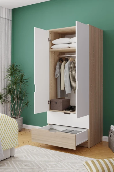 Lento 2 Kapaklı 1 Askılı 2 Çekmeceli Gardırop Beyaz Meşe - 5