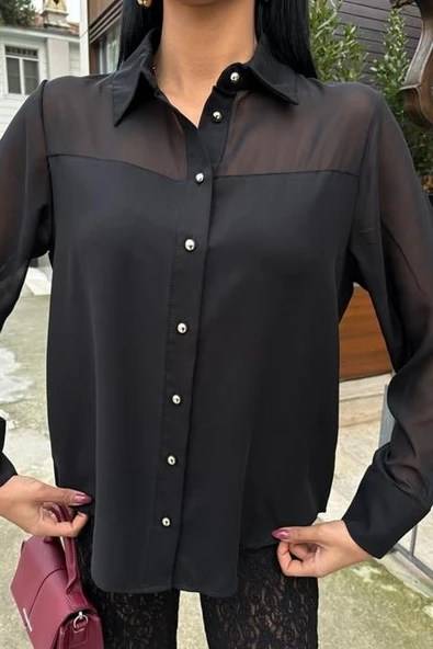 Transparan Detaylı Dökümlü Gömlek 3427 - Resim 7