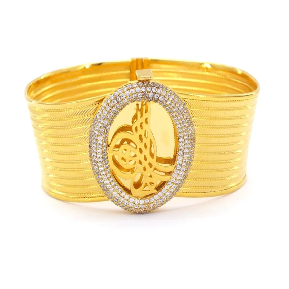 Altın Kaplama Yuvarlak Tuğralı Zirkon Taşlı Trabzon Kelepçe ürün görseli