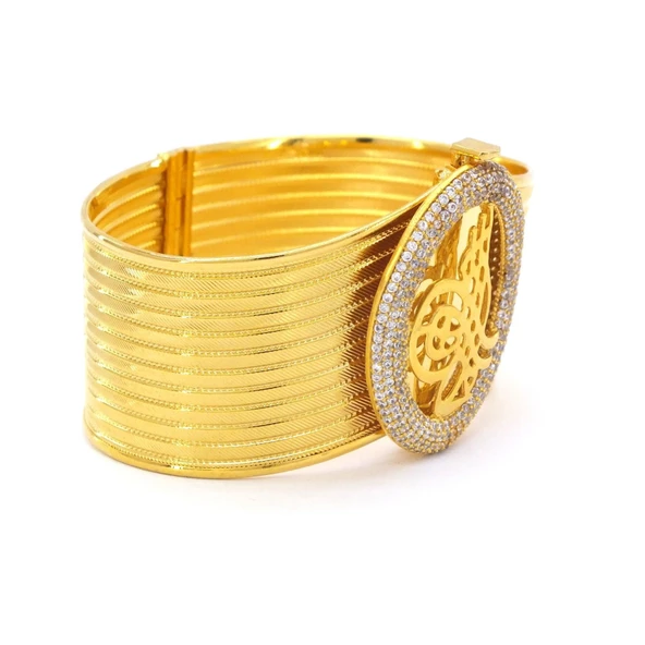 Altın Kaplama Yuvarlak Tuğralı Zirkon Taşlı Trabzon Kelepçe - Resim 2