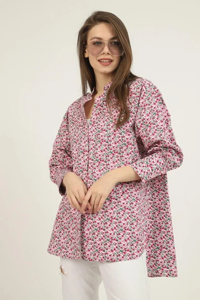 Kırmızı V Yakalı Ve Desenli Gömlek ürün görseli 1