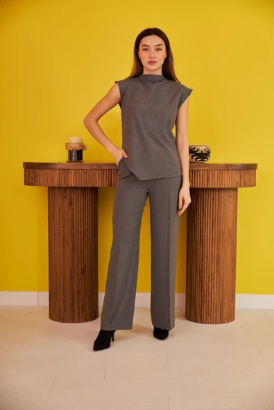 Gri Sıfır Kol Düğmeli Gömlek Takım ürün görseli